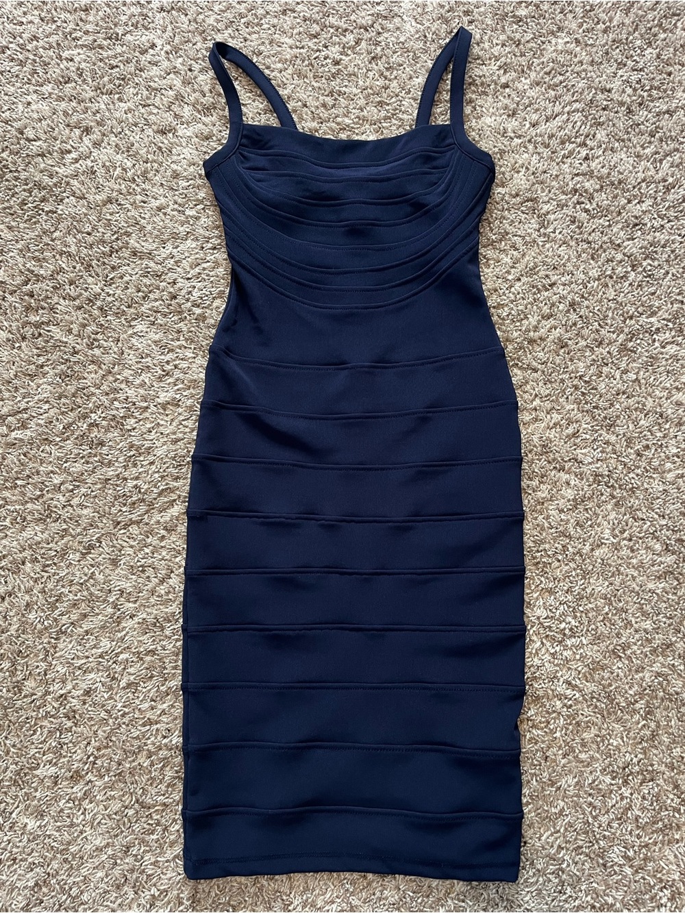 Navy Blue Bodycon Bandage Dress Women’s S Stretch Spaghetti Strap Midi Clubwear